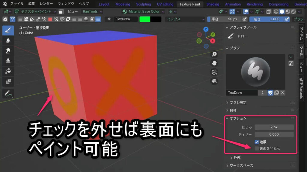 Blenderのテクスチャペイントモードで「裏面を非表示」のチェックを外した状態